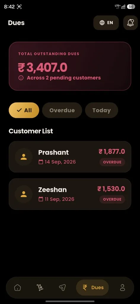BillPanda AI dues screen showing outstanding balances by customer
