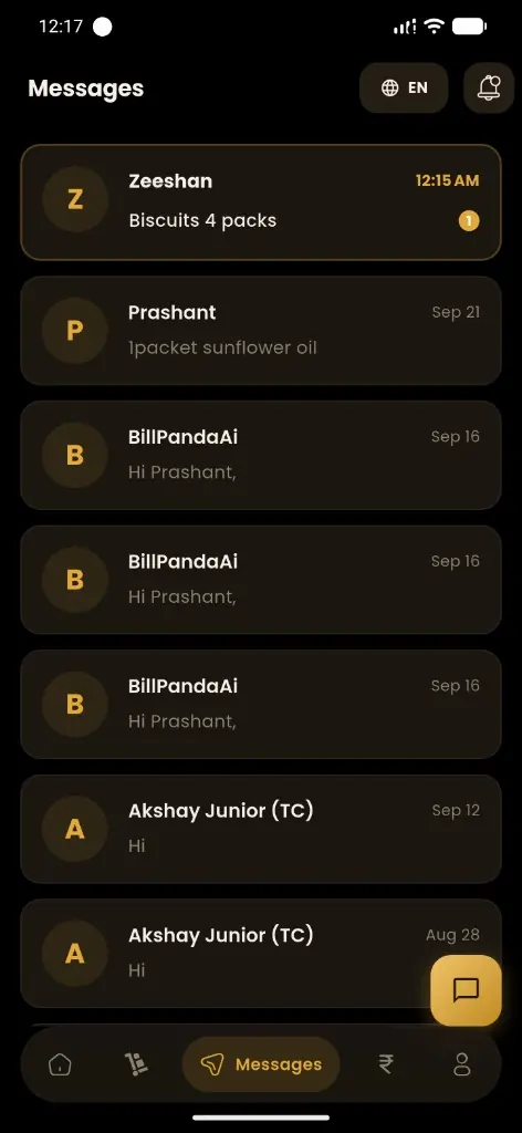 Customer WhatsApp order messages organised in BillPanda AI