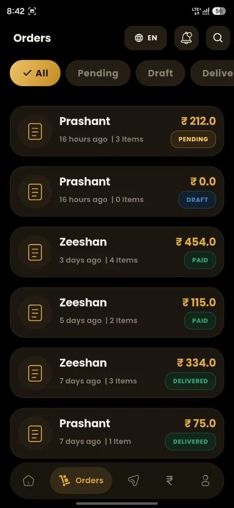 BillPanda AI order list with pending, draft, paid and delivered statuses