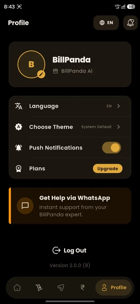 BillPanda AI profile settings with language, theme and notifications
